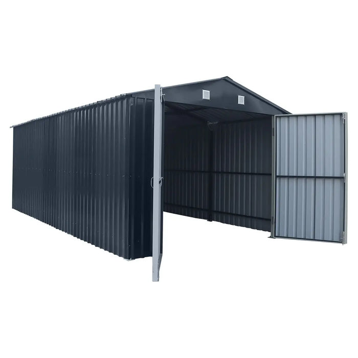 10' x 20' metal garage shed with double front doors, side entry door, charcoal grey finish, and 200 sq-ft of floor space – packed in wooden crate for shipping.