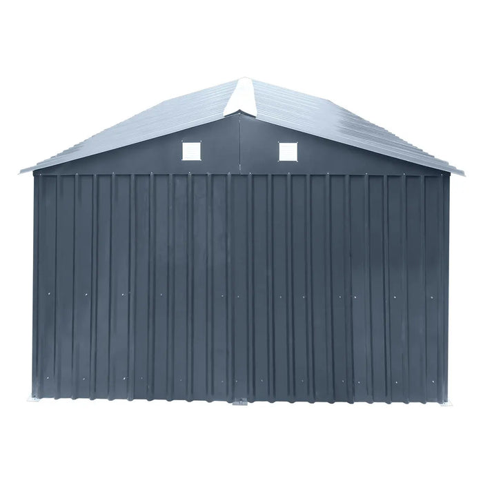 10' x 20' metal garage shed with double front doors, side entry door, charcoal grey finish, and 200 sq-ft of floor space – packed in wooden crate for shipping.