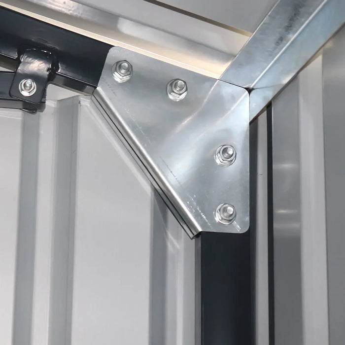 10' x 20' metal garage shed with double front doors, side entry door, charcoal grey finish, and 200 sq-ft of floor space – packed in wooden crate for shipping.