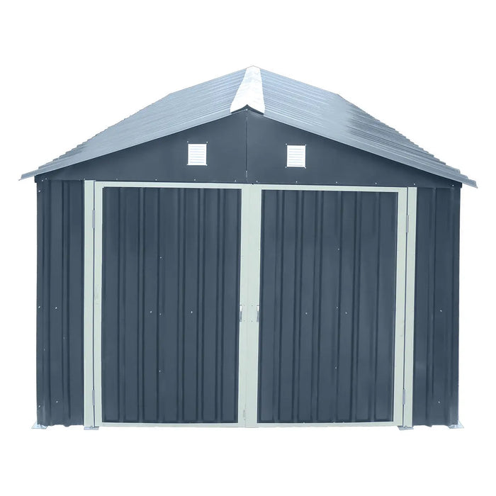 10' x 20' metal garage shed with double front doors, side entry door, charcoal grey finish, and 200 sq-ft of floor space – packed in wooden crate for shipping.