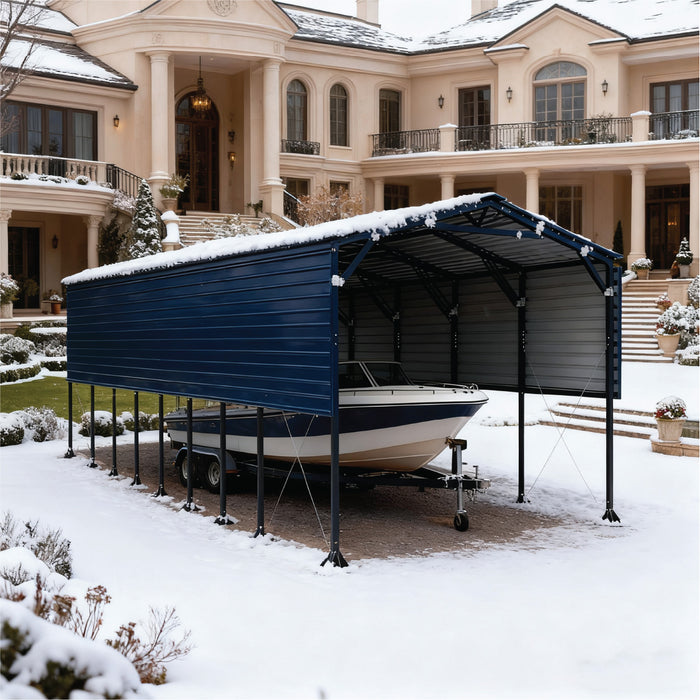 TMG-MSB1230 12' x 30' Metal Shed Boat Shelter with 12.5' peak height and 10.5' sidewall height, galvanized steel frame and metal roof panels
