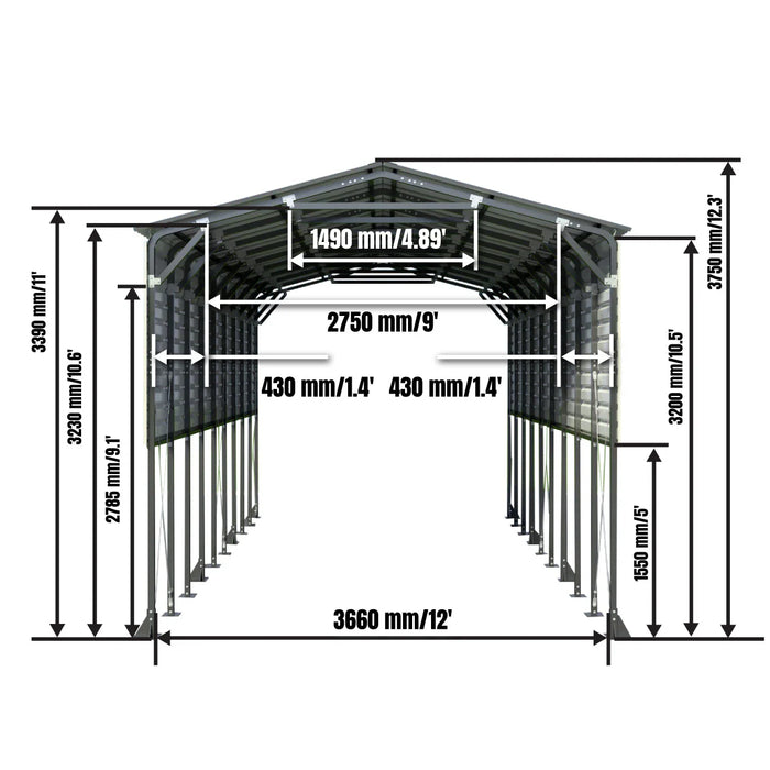 TMG-MSB1240 12' x 40' metal shed boat shelter, 12.3' peak height, 11.0' clearance
