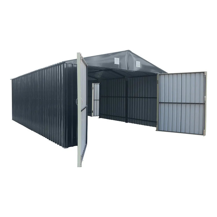 13' x 20' metal garage shed with 10' double front doors, side entry door, 8'6" peak height, reinforced steel frame, and charcoal grey finish – TMG-MS1320B.