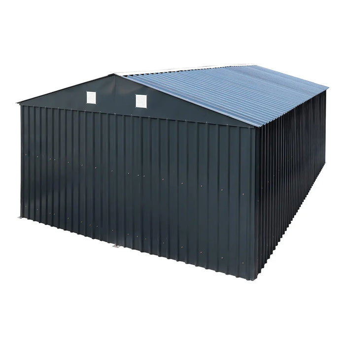 13' x 20' metal garage shed with 10' double front doors, side entry door, 8'6" peak height, reinforced steel frame, and charcoal grey finish – TMG-MS1320B.