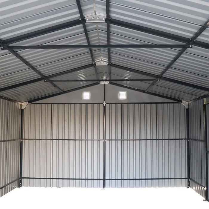 13' x 20' metal garage shed with 10' double front doors, side entry door, 8'6" peak height, reinforced steel frame, and charcoal grey finish – TMG-MS1320B.