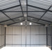 13' x 20' metal garage shed with 10' double front doors, side entry door, 8'6" peak height, reinforced steel frame, and charcoal grey finish – TMG-MS1320B.