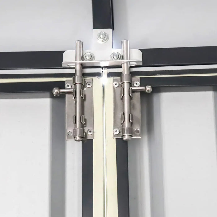 13' x 20' metal garage shed with 10' double front doors, side entry door, 8'6" peak height, reinforced steel frame, and charcoal grey finish – TMG-MS1320B.