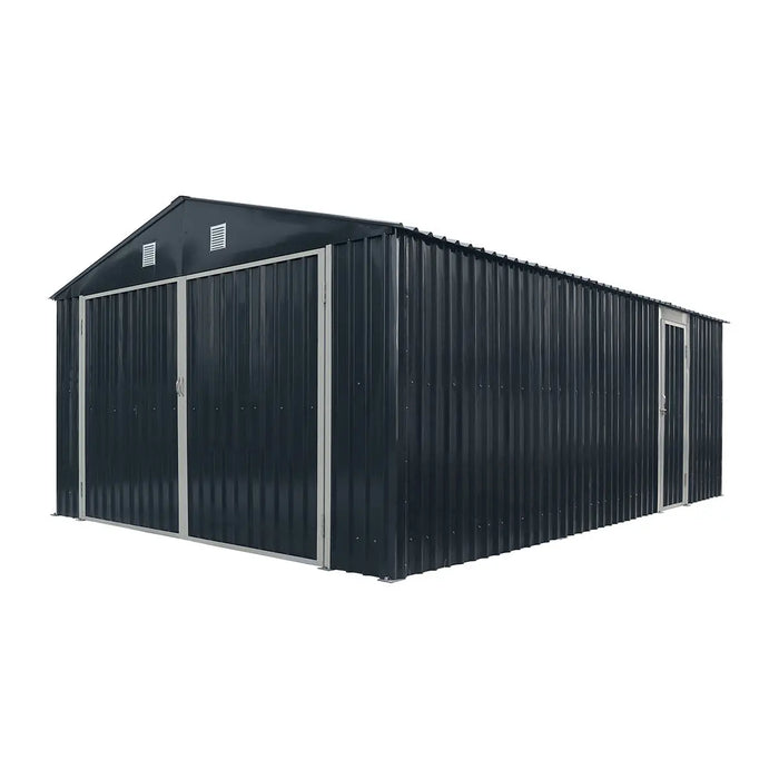 13' x 20' metal garage shed with 10' double front doors, side entry door, 8'6" peak height, reinforced steel frame, and charcoal grey finish – TMG-MS1320B.