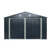 13' x 20' metal garage shed with 10' double front doors, side entry door, 8'6" peak height, reinforced steel frame, and charcoal grey finish – TMG-MS1320B.
