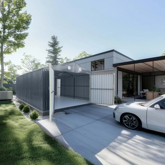 13' x 20' metal garage shed with 10' double front doors, side entry door, 8'6" peak height, reinforced steel frame, and charcoal grey finish – TMG-MS1320B.