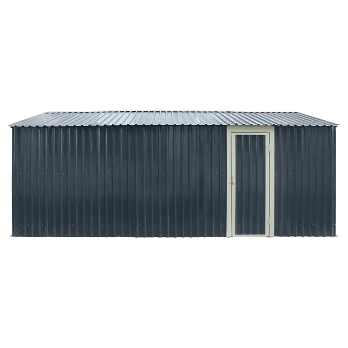 13' x 20' metal garage shed with 10' double front doors, side entry door, 8'6" peak height, reinforced steel frame, and charcoal grey finish – TMG-MS1320B.