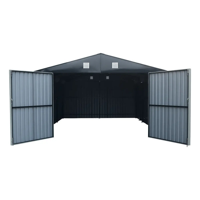 13' x 20' metal garage shed with 10' double front doors, side entry door, 8'6" peak height, reinforced steel frame, and charcoal grey finish – TMG-MS1320B.