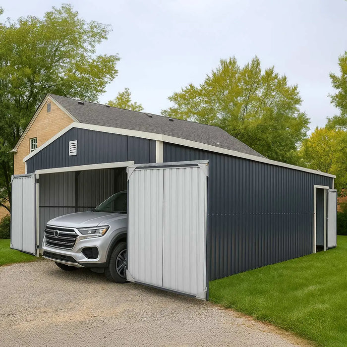 TMG-MS1624A 16' x 24' metal garage shed with swing front and side doors and 10'6" peak height
