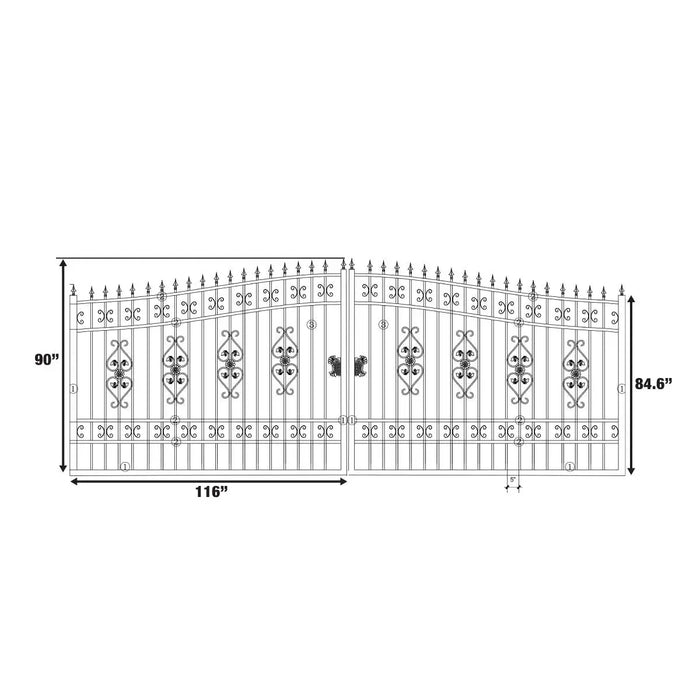 TMG Industrial 20-ft Bi-Parting Deluxe Wrought Iron Ornamental Gate, 100% Solid Forged Steel, Powder Coated, TMG-MG20