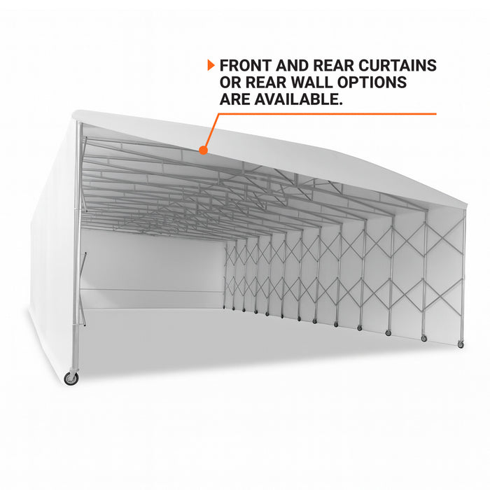 TMG-ST2033M 20' x 33' retractable mobile shelter with 27 oz PVC cover, 13' sidewalls and 14'9" peak height
