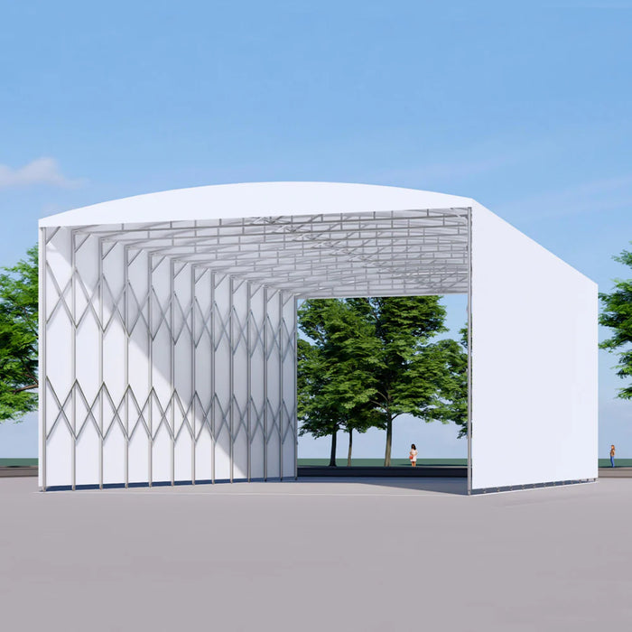 TMG-ST2550M 25' x 50' retractable mobile shelter with 27 oz PVC cover, 13' sidewalls and 14'9" peak height
