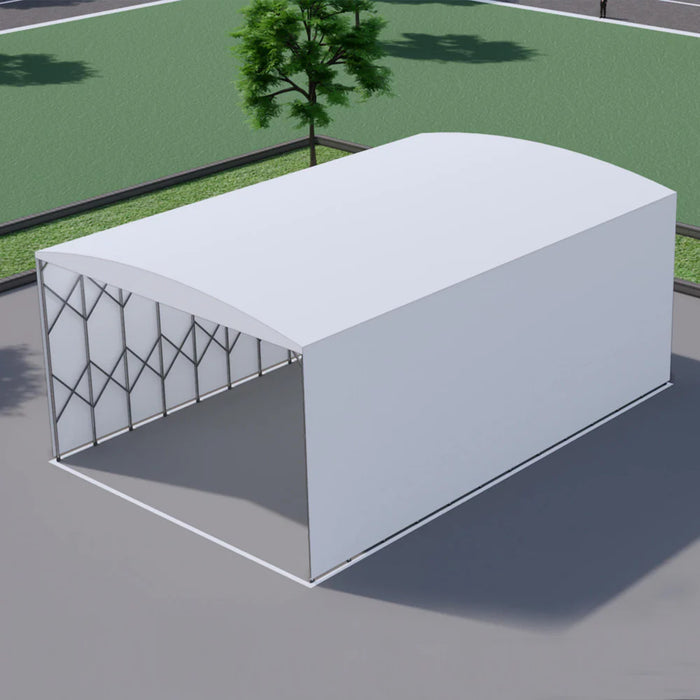 TMG-ST2550M 25' x 50' retractable mobile shelter with 27 oz PVC cover, 13' sidewalls and 14'9" peak height
