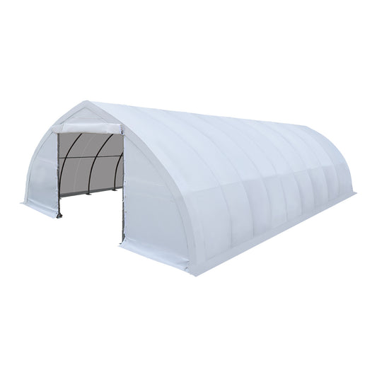 TMG-ST3042E 30x42 peak ceiling storage shelter with 11 oz PE cover, galvanized steel frame, roll-up doors, and 1200 sq ft covered space for equipment storage
