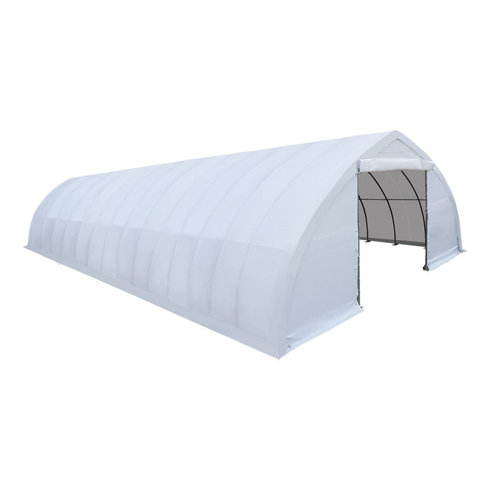 TMG-ST3062V 30x60 peak ceiling storage shelter with heavy duty 17 oz PVC cover, galvanized steel frame, and drive-through roll-up doors for equipment storage