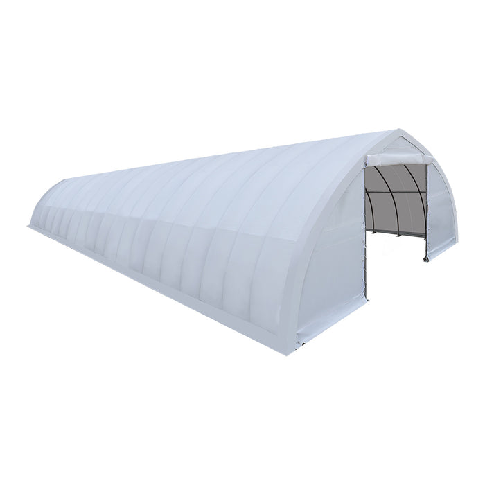 TMG-ST3082E 30x80 peak ceiling storage shelter with heavy duty 11 oz PE cover, galvanized steel frame, and drive-through roll-up doors for large equipment storage