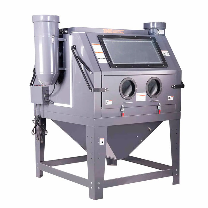 320-gallon dual station cabinet sandblaster with ETL certified vacuum system, foot pedal control, large viewing windows, and heavy-duty blasting capacity – TMG-ABC120