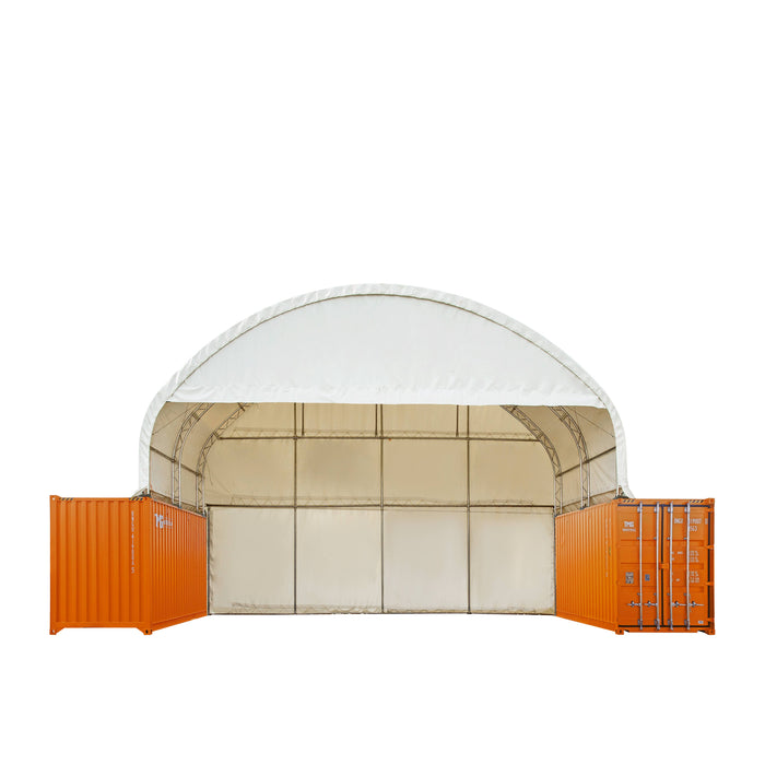 TMG-DT4022CF8 40' x 20' dual truss container shelter with 21 oz PVC cover, enclosed end wall and front drop
