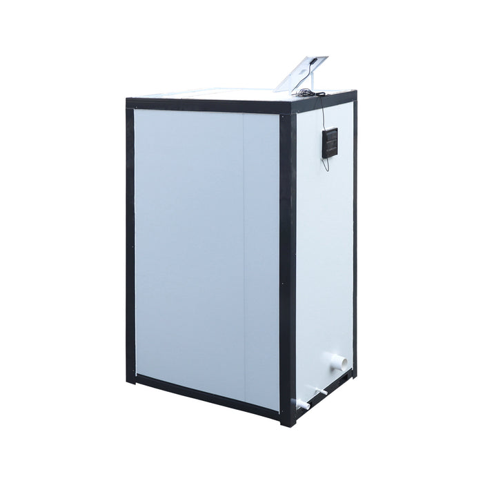 TMG FTS04 4ft portable washroom with ceramic toilet, triangular sink, solar powered exhaust fan, steel frame, EPS wall panels, and PVC wood grain floor