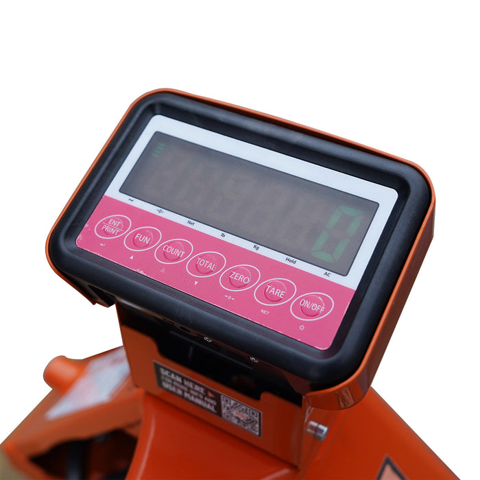 TMG-FPJ50SN 5000 lb narrow pallet jack with scale, 45" forks and 2" LCD display
