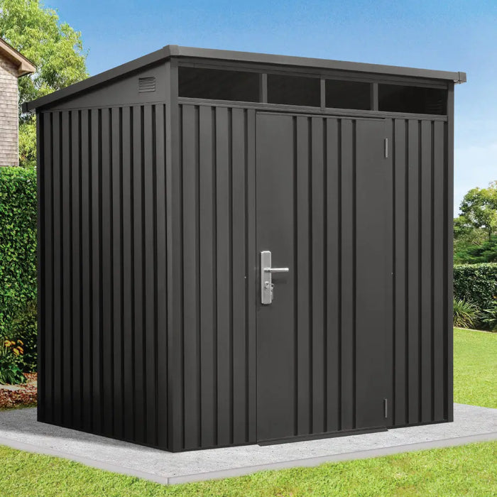 TMG-MS0507P-PRO 5x7 Pro Series galvanized metal shed with 79 inch pent roof, skylight, vents, and 34x68 inch lockable door for secure outdoor storage