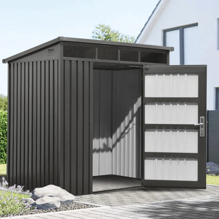 TMG-MS0507P-PRO 5x7 Pro Series galvanized metal shed with 79 inch pent roof, skylight, vents, and 34x68 inch lockable door for secure outdoor storage