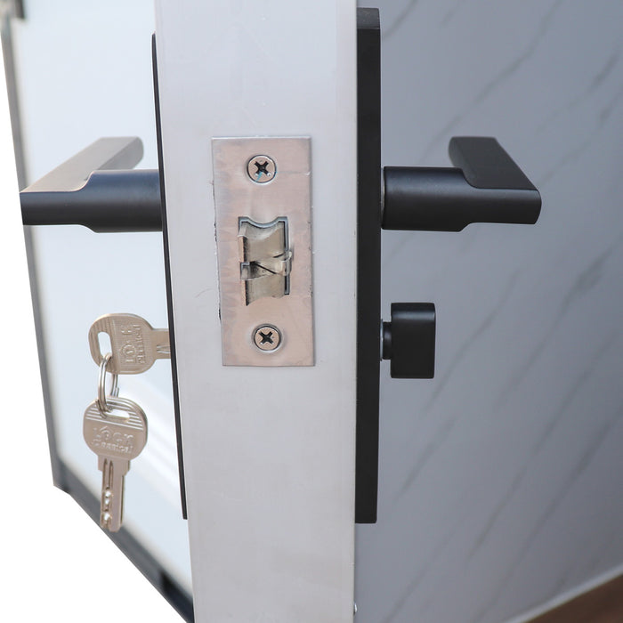 TMG-FTD07 7ft portable restroom with two private stalls, ceramic toilets, triangular sinks, and solar exhaust fan in durable steel frame