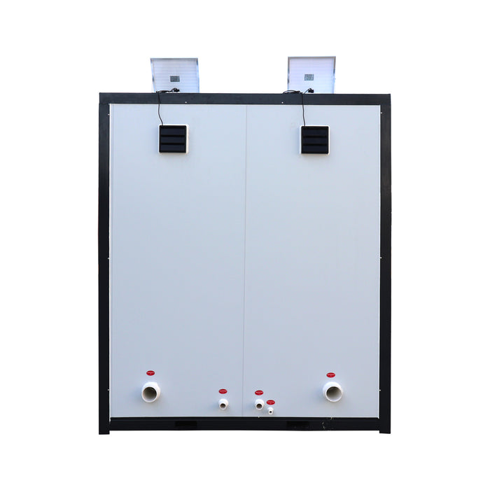 TMG-FTD07 7ft portable restroom with two private stalls, ceramic toilets, triangular sinks, and solar exhaust fan in durable steel frame