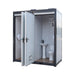 TMG-FTD07 7ft portable restroom with two private stalls, ceramic toilets, triangular sinks, and solar exhaust fan in durable steel frame