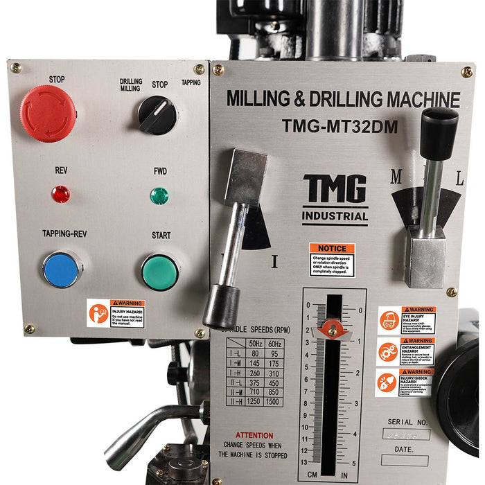 TMG-MT32DM 9" x 32" variable-speed drilling and milling machine with 0.75 kW motor, gear-driven head and horizontal swivel
