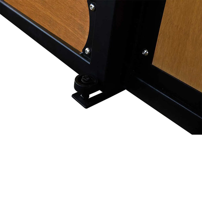 9' x 10' pre-built bamboo horse stall with vertical bar top, sliding door, powder-coated steel frame, and U-shaped opening for horse comfort – ideal for barns and stables.