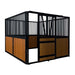 9' x 10' pre-built bamboo horse stall with vertical bar top, sliding door, powder-coated steel frame, and U-shaped opening for horse comfort – ideal for barns and stables.