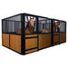 9' x 10' pre-built bamboo horse stall with vertical bar top, sliding door, powder-coated steel frame, and U-shaped opening for horse comfort – ideal for barns and stables.