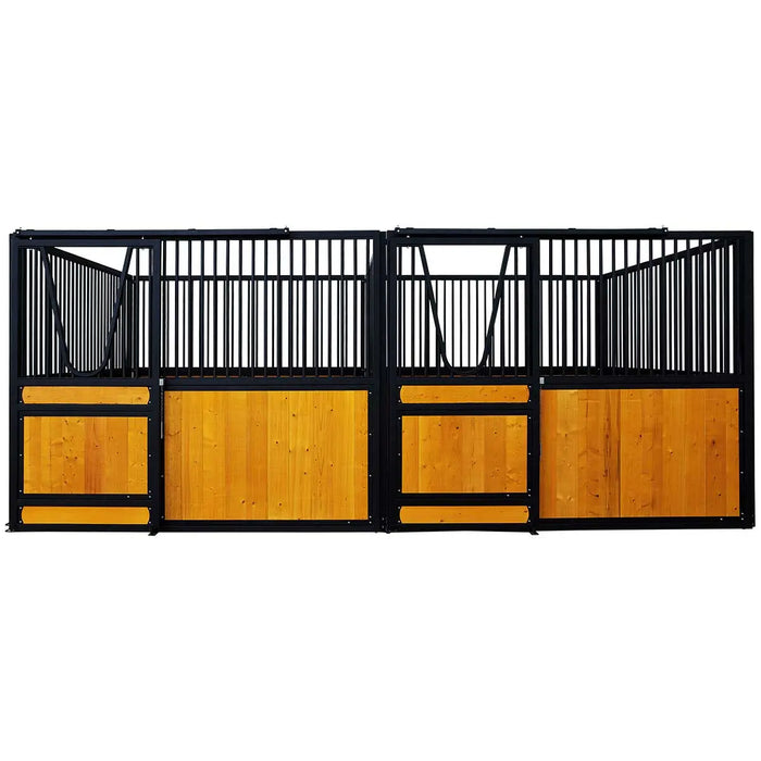 9' x 10' pre-built pine lumber horse stall with vertical bar top, sliding door, U-shaped opening, and powder-coated steel frame – modular panels for barn installation.