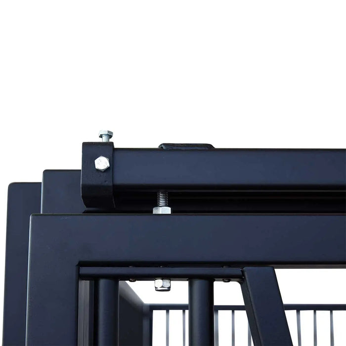 9' x 10' pre-built pine lumber horse stall with vertical bar top, sliding door, U-shaped opening, and powder-coated steel frame – modular panels for barn installation.