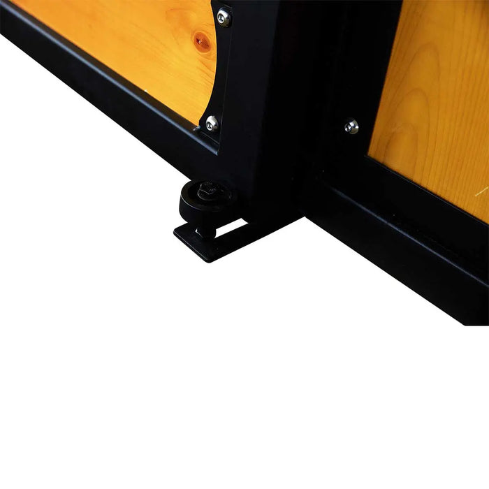 9' x 10' pre-built pine lumber horse stall with vertical bar top, sliding door, U-shaped opening, and powder-coated steel frame – modular panels for barn installation.