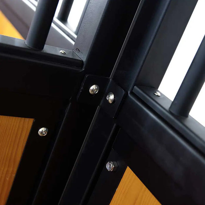 9' x 10' pre-built pine lumber horse stall with vertical bar top, sliding door, U-shaped opening, and powder-coated steel frame – modular panels for barn installation.