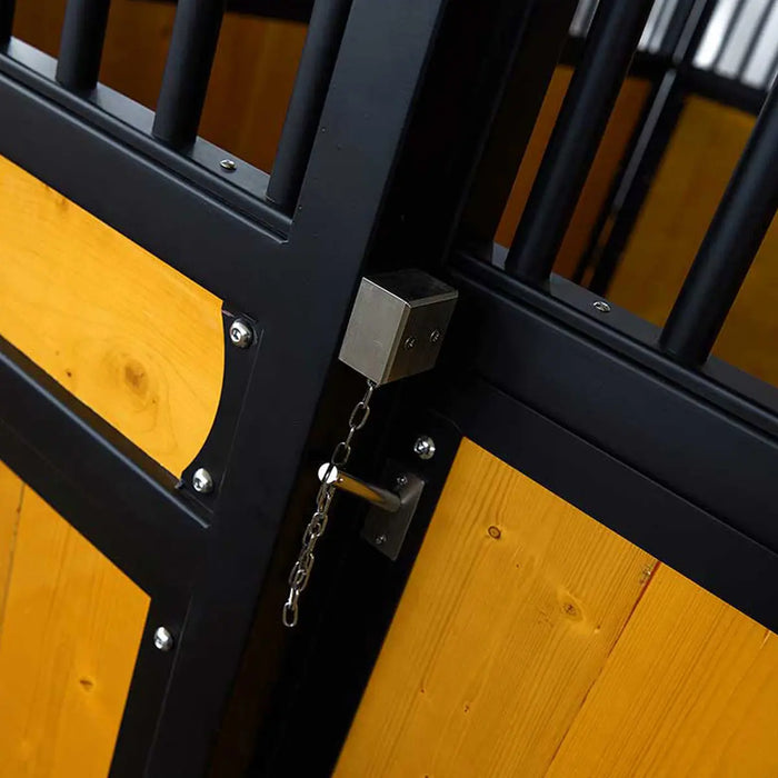 9' x 10' pre-built pine lumber horse stall with vertical bar top, sliding door, U-shaped opening, and powder-coated steel frame – modular panels for barn installation.