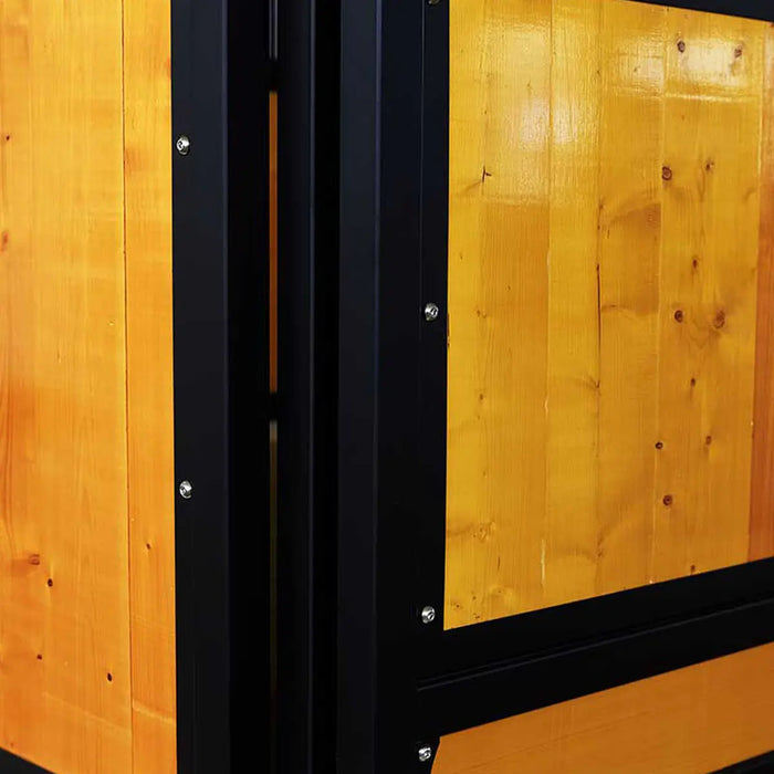 9' x 10' pre-built pine lumber horse stall with vertical bar top, sliding door, U-shaped opening, and powder-coated steel frame – modular panels for barn installation.