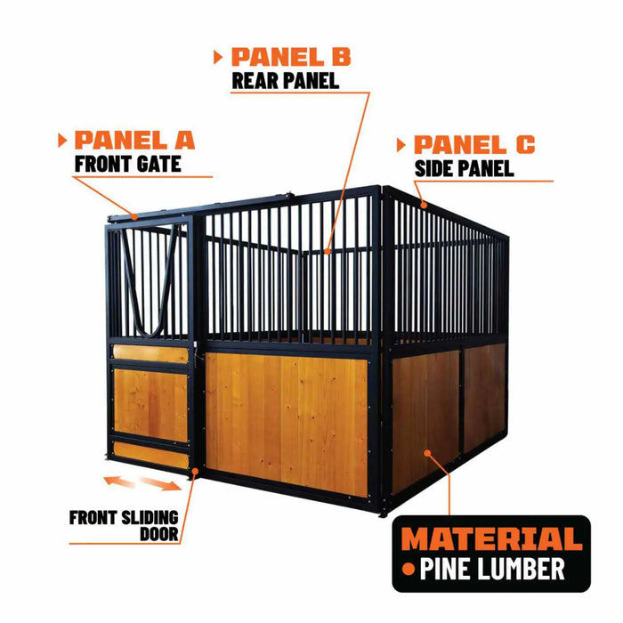 9' x 10' pre-built pine lumber horse stall with vertical bar top, sliding door, U-shaped opening, and powder-coated steel frame – modular panels for barn installation.