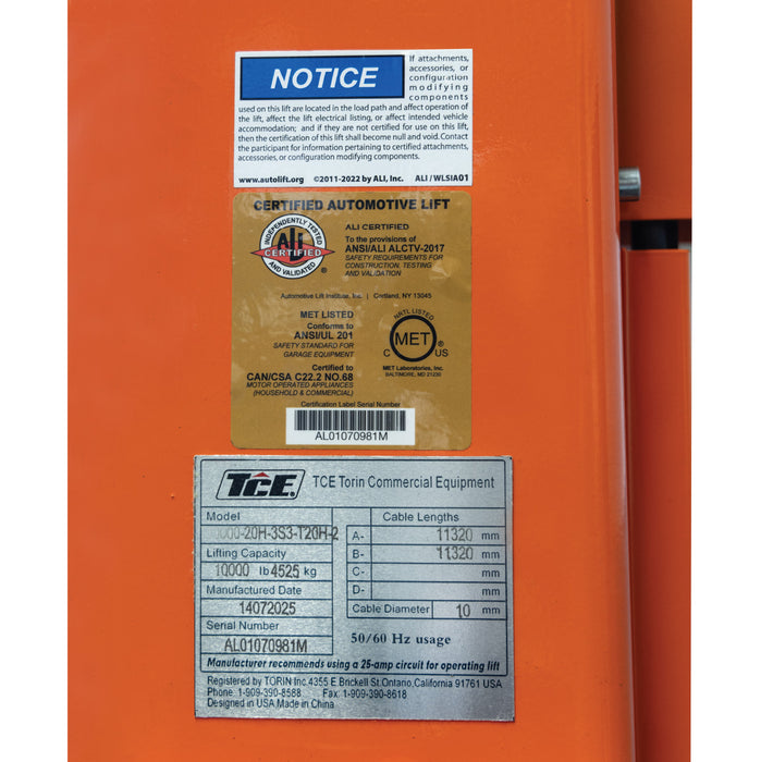 TMG-TO2609 10,000 lb two-post overhead auto lift, ALI certified extended height model
