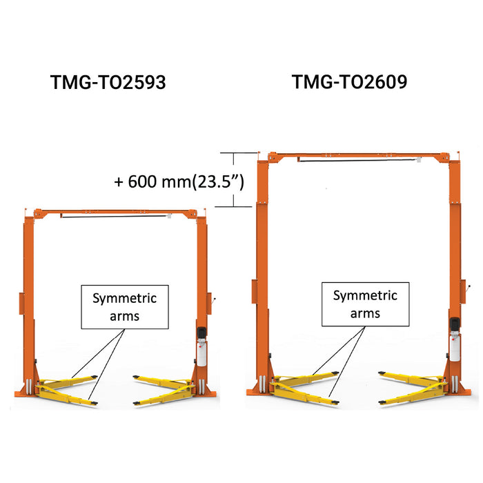 TMG-TO2609 10,000 lb two-post overhead auto lift, ALI certified extended height model
