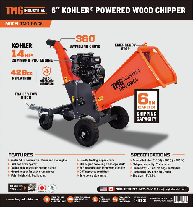 150 mm (6") Wood Chipper with 14 HP Kohler Gas Engine, 50 mm (2") Hitch Tow-Behind, TMG-GWC6 TMG Industrial