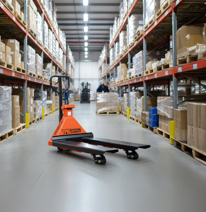 11000-lb Heavy Duty Scale Pallet Jack Truck, 210° Steering Arc, 48" Forks, 2" LCD display, TMG-FPJ110S TMG Industrial CA