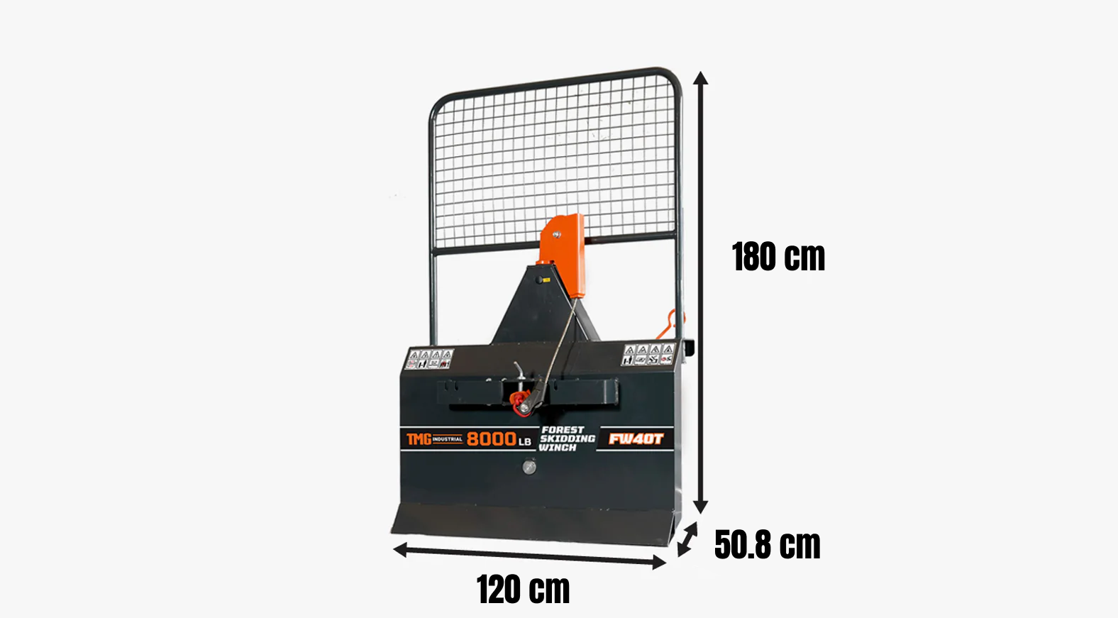 8 000 paunan (n. 2,4 kg) tukkivinssi 30–50 hv:n traktoreihin – 3-pistekiinnitys, 200 jalan (61 m) teräsvaijeri TMG-FW40T-specifications-image