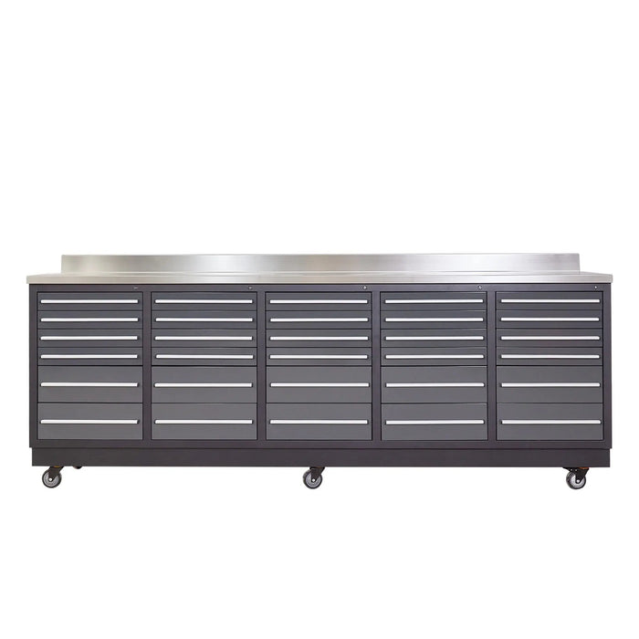 Pro Series 9-Ft 30-Drawer Workbench with Stainless Steel Top, Ball Bearing Double Slides & Casters, TMG-WB930